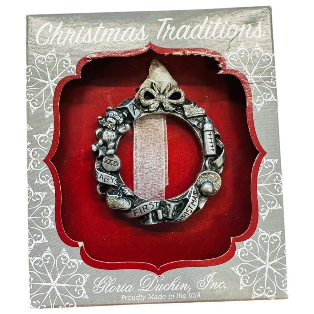 Gloria Duchin Pewter First Christmas Baby Keepsake Ornament With White Ribbon